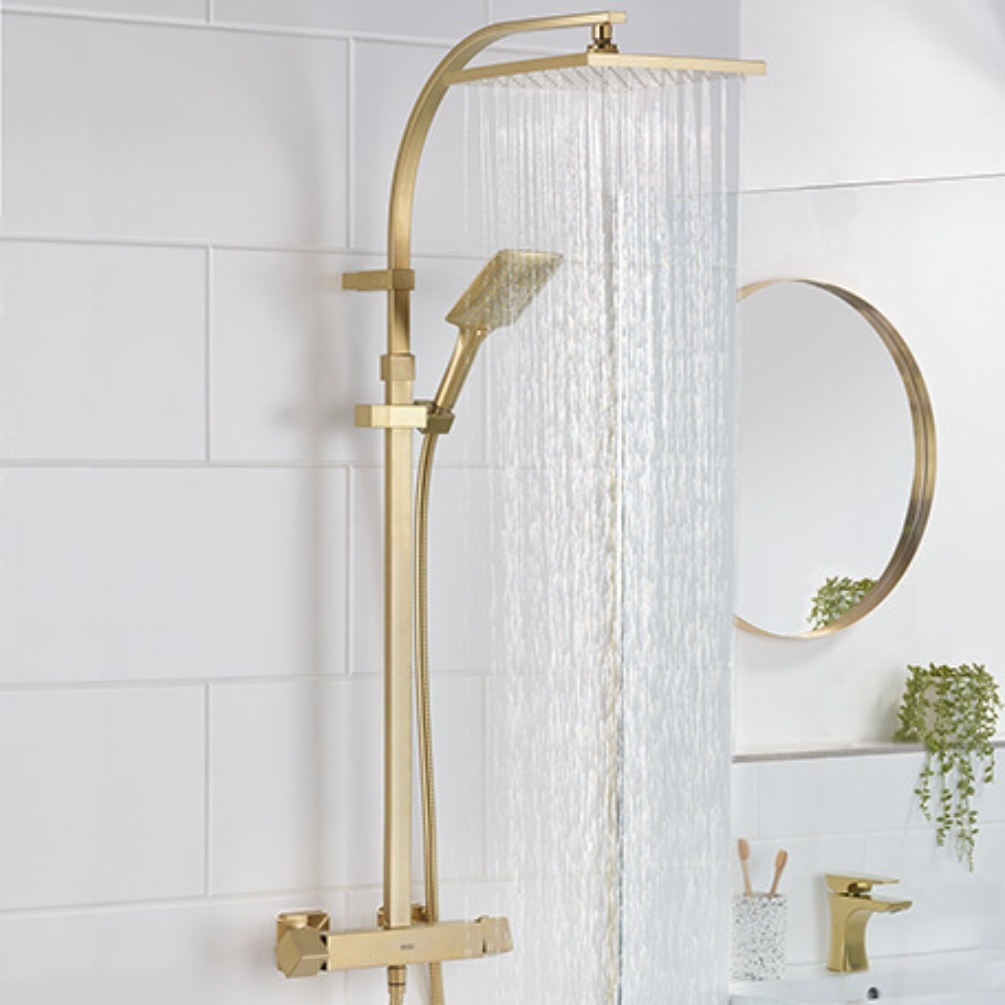 Lifestyle image of the Bristan Qubo Brushed Brass Thermostatic Shower Column